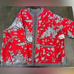Norm Thompson Red Floral Quilted Jacket with Gray Trim